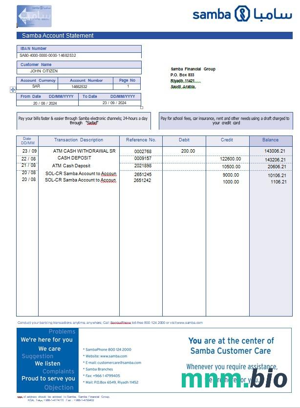 Arabia Saudyjska szablon wyciągu bankowego SNB w programie Word i PDF